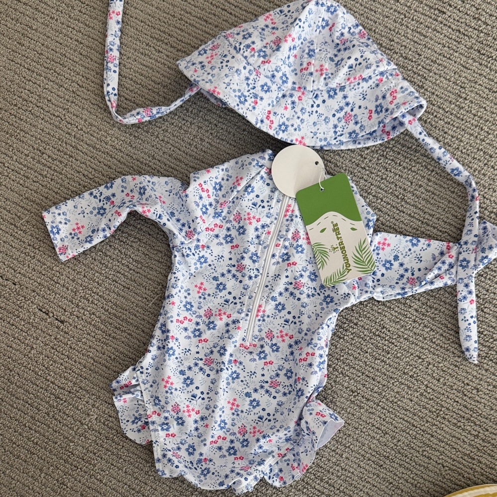 Floral One-Piece Baby Swimsuit with Hood - White, Blue & Pink